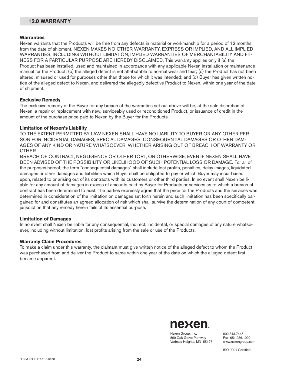 0 warranty | Nexen RSD200 964531 User Manual | Page 24 / 24