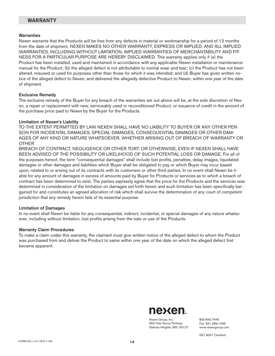 Warranty | Nexen RSD250 964260 User Manual | Page 14 / 14