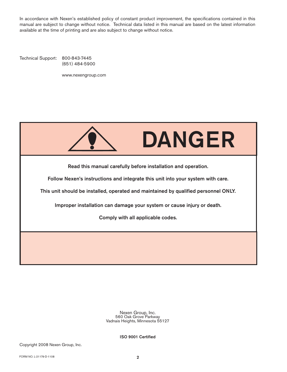 Danger | Nexen RSD250 964260 User Manual | Page 2 / 14