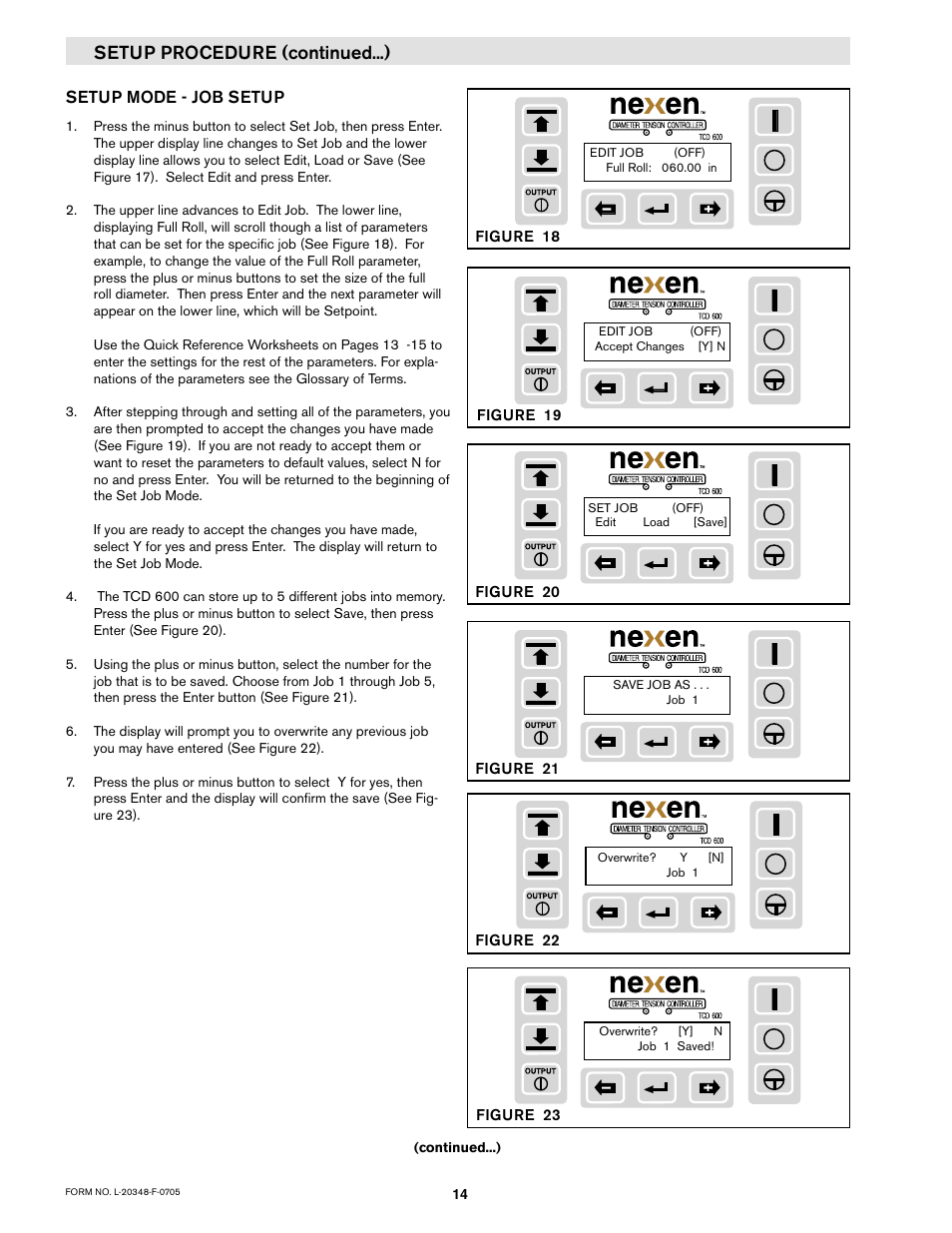 Setup procedure (continued...), Setup mode - job setup | Nexen TCD600E 912145 User Manual | Page 14 / 24