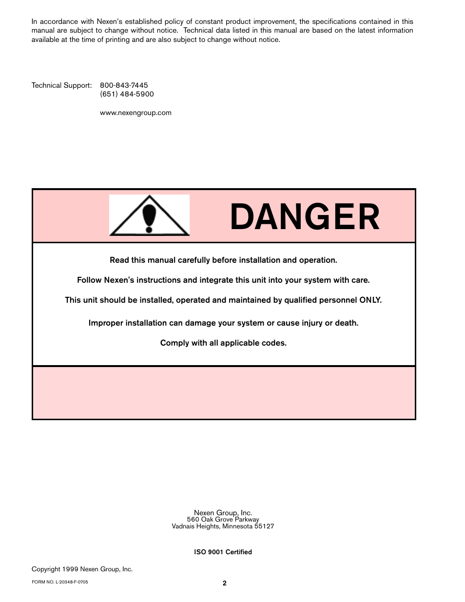 Danger | Nexen TCD600E 912145 User Manual | Page 2 / 24