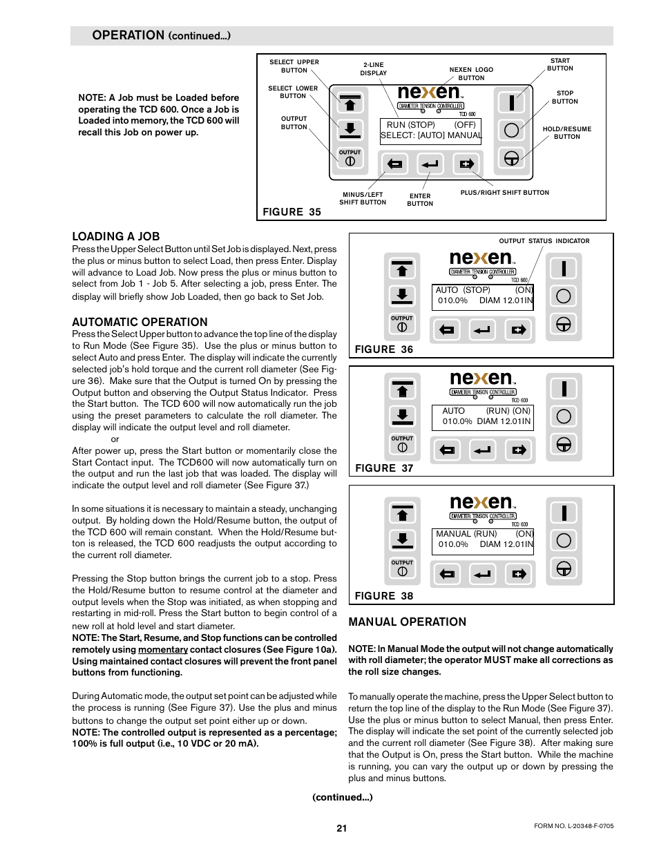 Operation, Manual operation, Loading a job | Automatic operation | Nexen TCD600E 912145 User Manual | Page 21 / 24