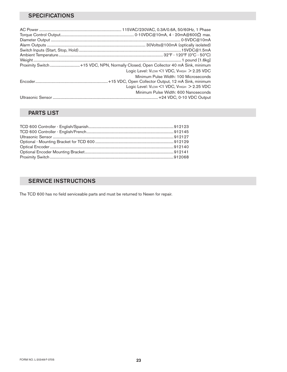 Service instructions parts list specifications | Nexen TCD600E 912145 User Manual | Page 23 / 24