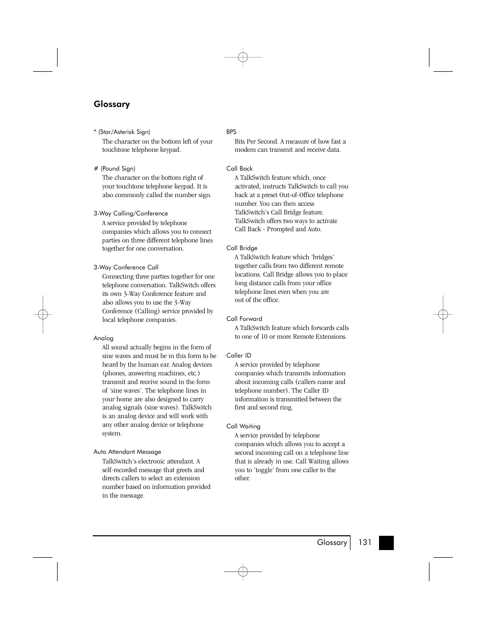 Glossary | Talkswitch 48 User Manual | Page 127 / 137