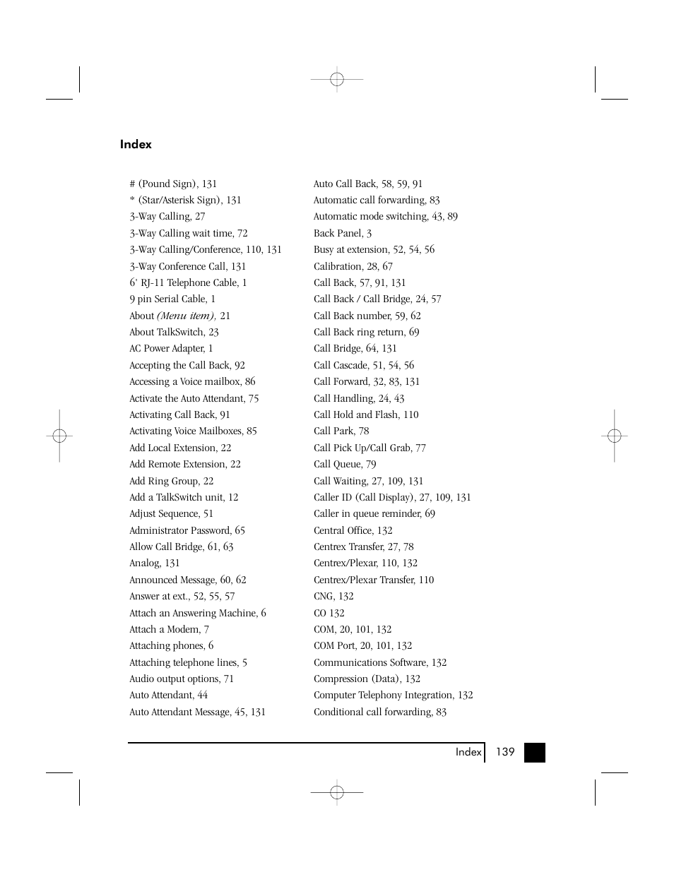 Index | Talkswitch 48 User Manual | Page 134 / 137