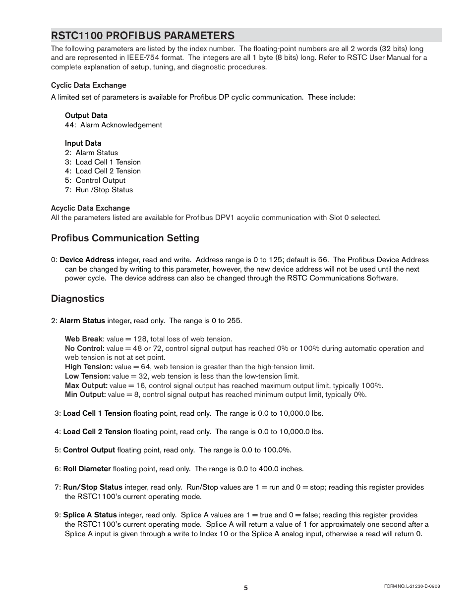 Rstc1100 profibus parameters, Profi bus communication setting, Diagnostics | Nexen RSTC1100 964528 User Manual | Page 8 / 14