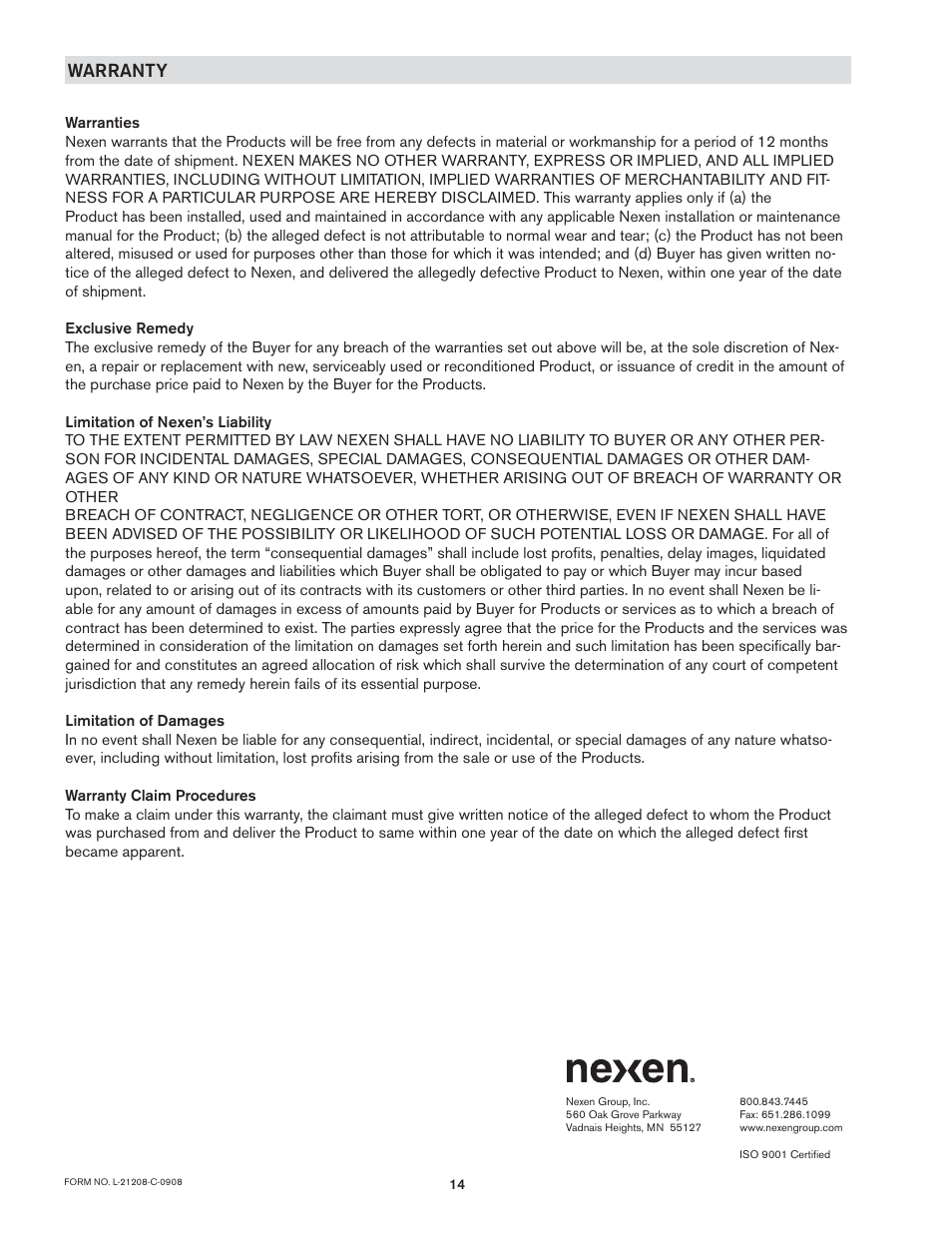 Warranty | Nexen RSTC1000 964523 User Manual | Page 17 / 17