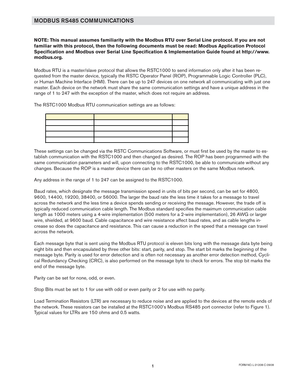 Modbus rs485 communications | Nexen RSTC1000 964523 User Manual | Page 4 / 17
