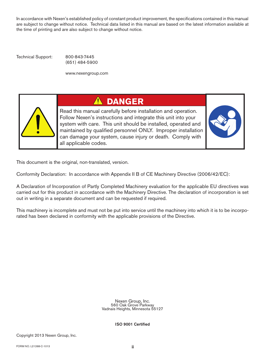 Danger | Nexen TC920V 964356 User Manual | Page 2 / 38