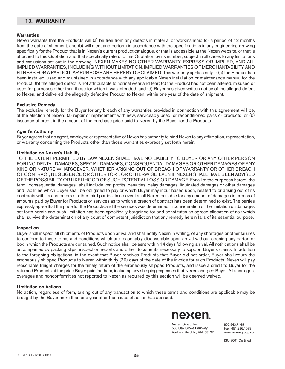 Warranty | Nexen TC920V 964356 User Manual | Page 38 / 38