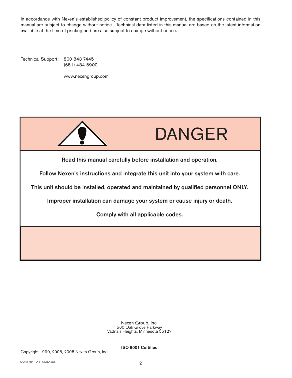 Danger | Nexen RSD100 964520 User Manual | Page 2 / 28