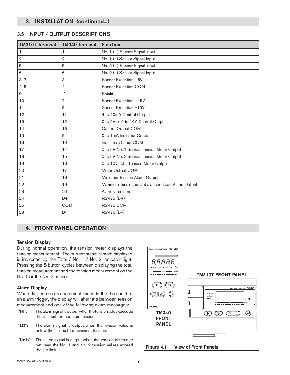 Installation (continued...), Front panel operation, 5 input / output descriptions | Nexen TM340 912751 User Manual | Page 10 / 18