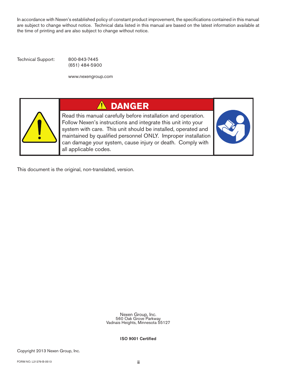 Danger | Nexen TM340 912751 User Manual | Page 2 / 18