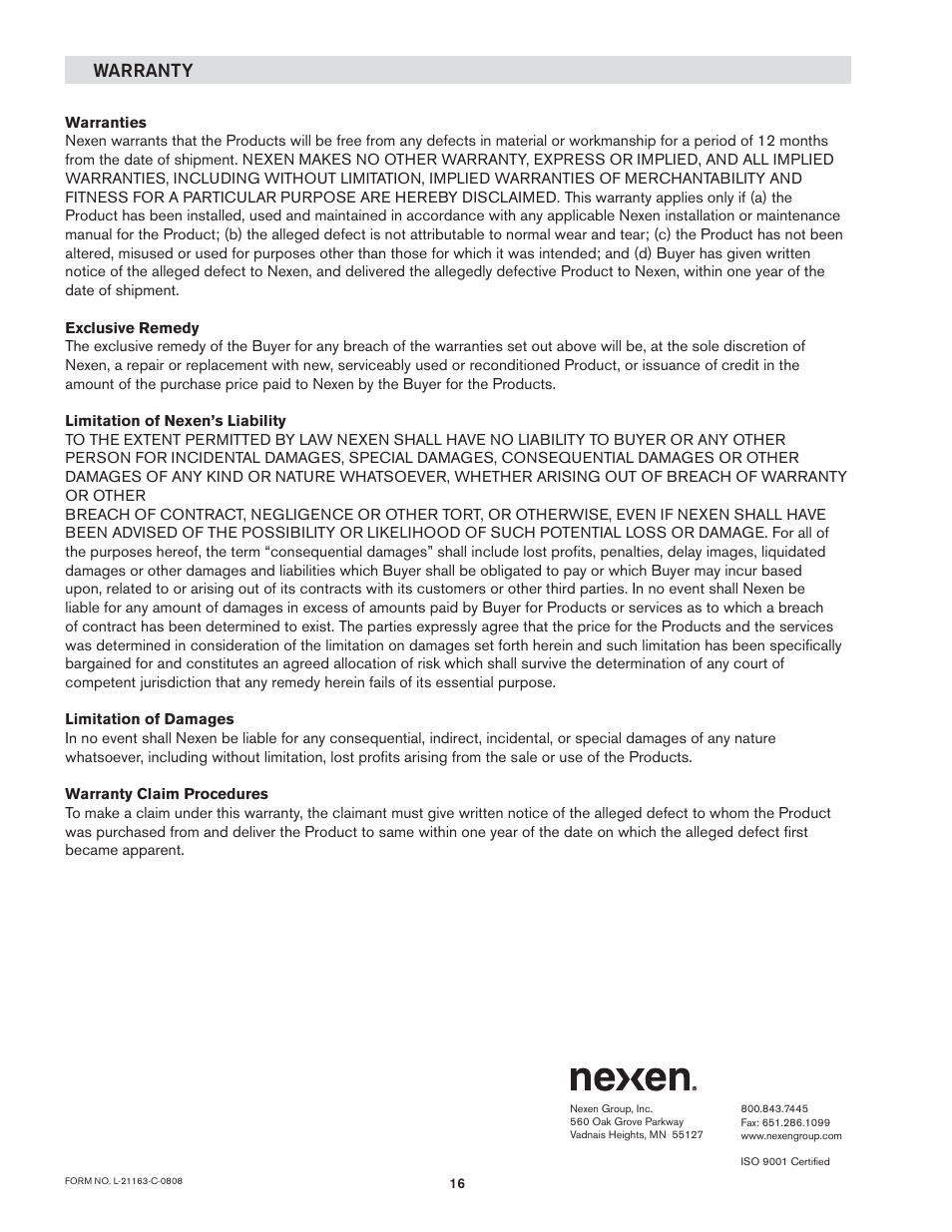 Warranty | Nexen SC100 964420 User Manual | Page 16 / 16