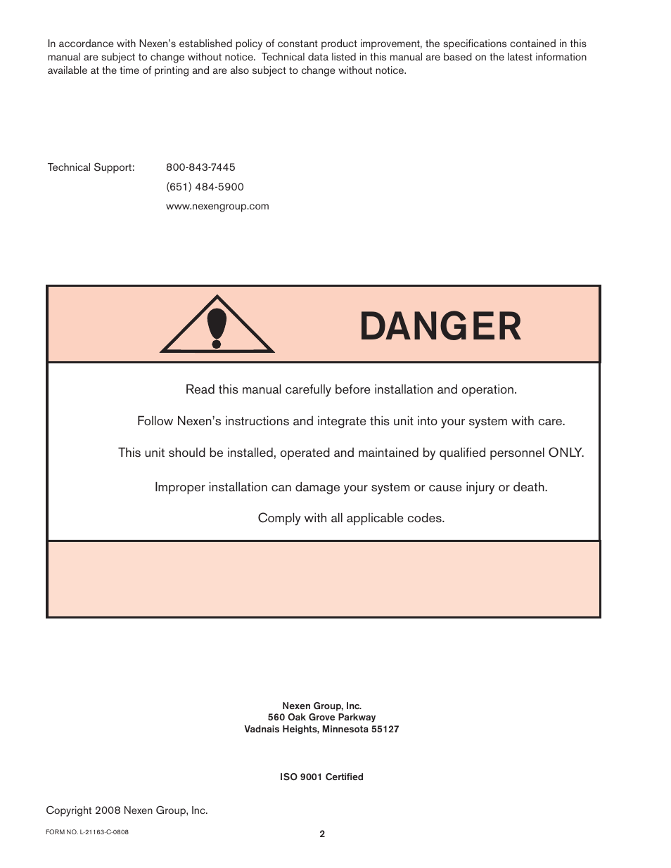 Danger | Nexen SC100 964420 User Manual | Page 2 / 16