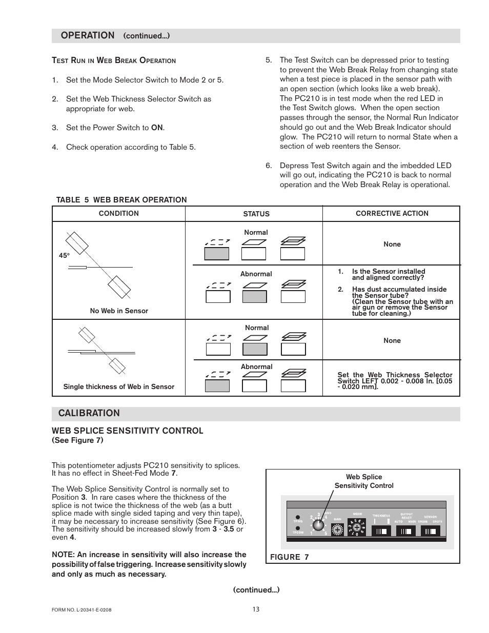 Calibration, Operation | Nexen PC210 913071 User Manual | Page 13 / 16