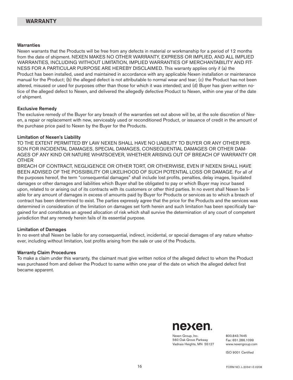 Warranty | Nexen PC210 913071 User Manual | Page 16 / 16