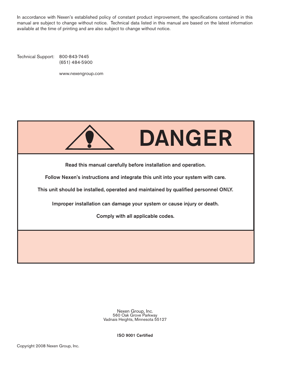 Danger | Nexen PC210 913071 User Manual | Page 2 / 16