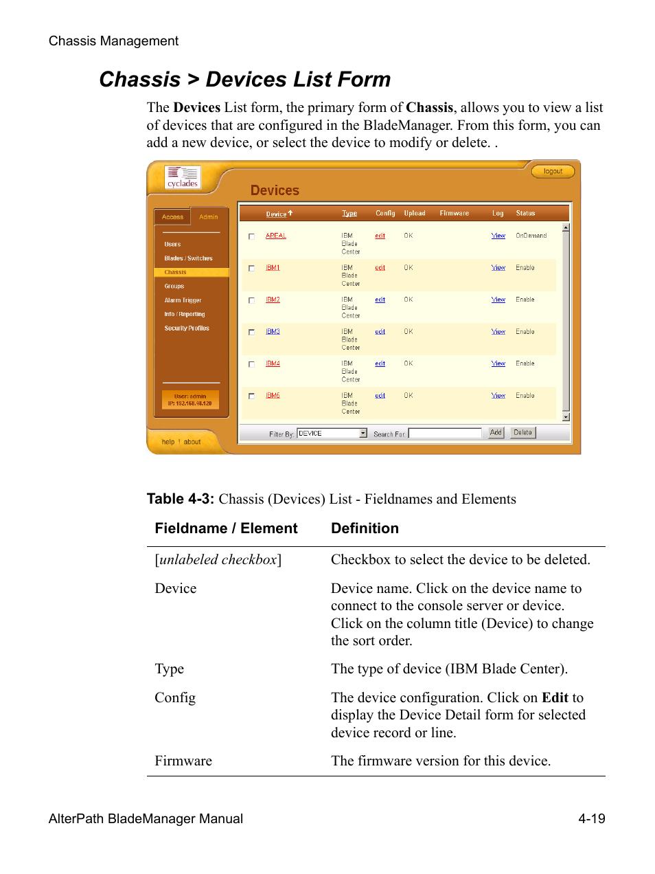 Chassis > devices list form | Cyclades AlterPath BladeManager User Manual | Page 101 / 202