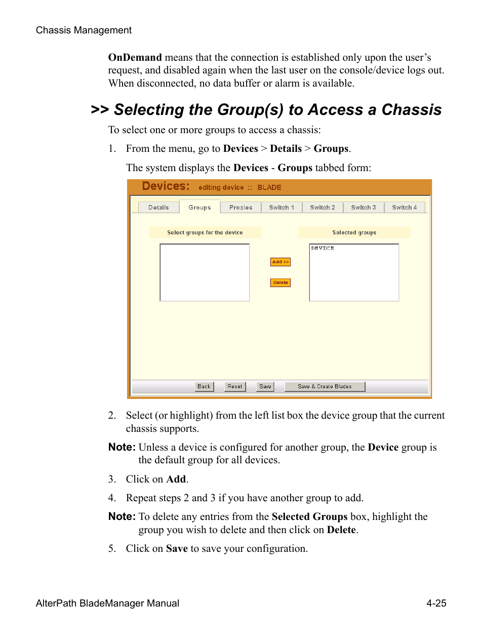 Selecting the group(s) to access a chassis | Cyclades AlterPath BladeManager User Manual | Page 107 / 202