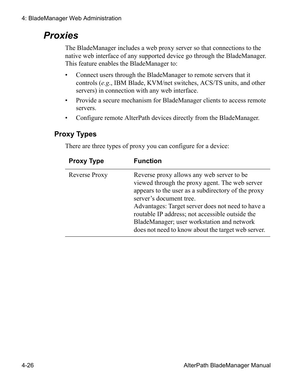Proxies 4-26, Proxy types, Proxies | Cyclades AlterPath BladeManager User Manual | Page 108 / 202