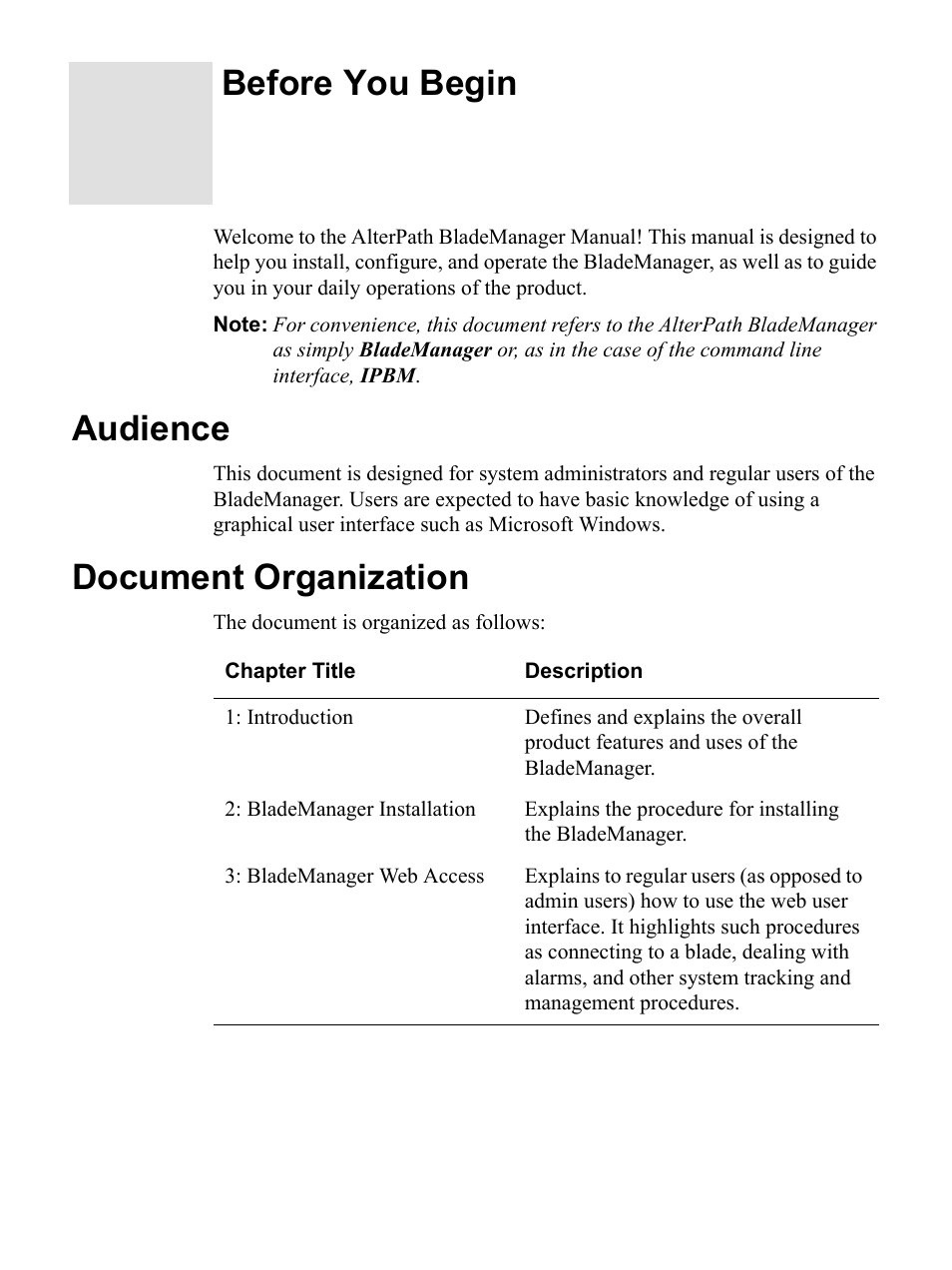 Before you begin, Document organization, Audience | Cyclades AlterPath BladeManager User Manual | Page 11 / 202