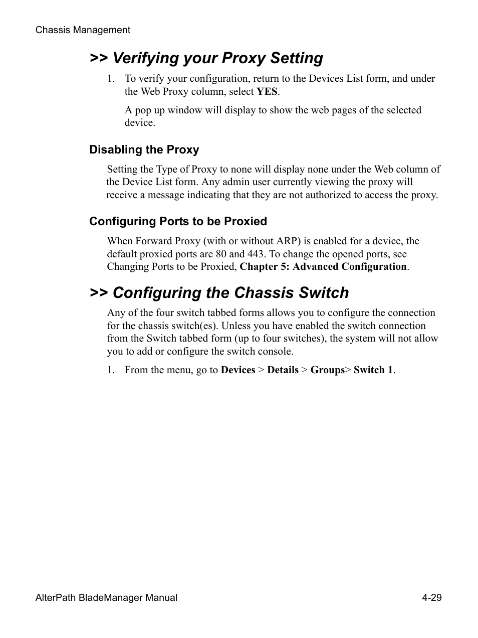 Verifying your proxy setting, Disabling the proxy, Configuring ports to be proxied | Configuring the chassis switch | Cyclades AlterPath BladeManager User Manual | Page 111 / 202