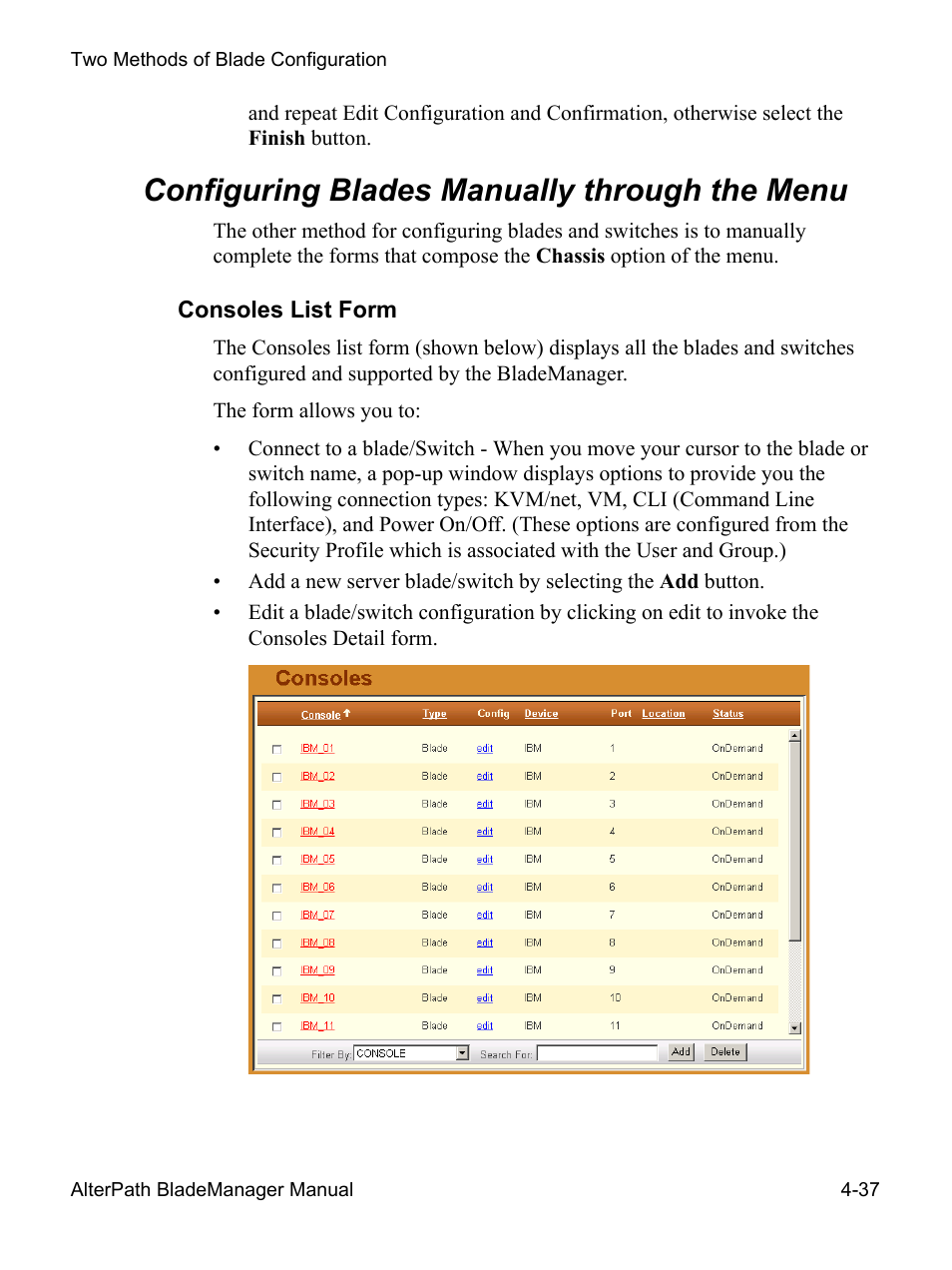 Configuring blades manually, Consoles list form, Configuring blades manually through the menu | Cyclades AlterPath BladeManager User Manual | Page 119 / 202