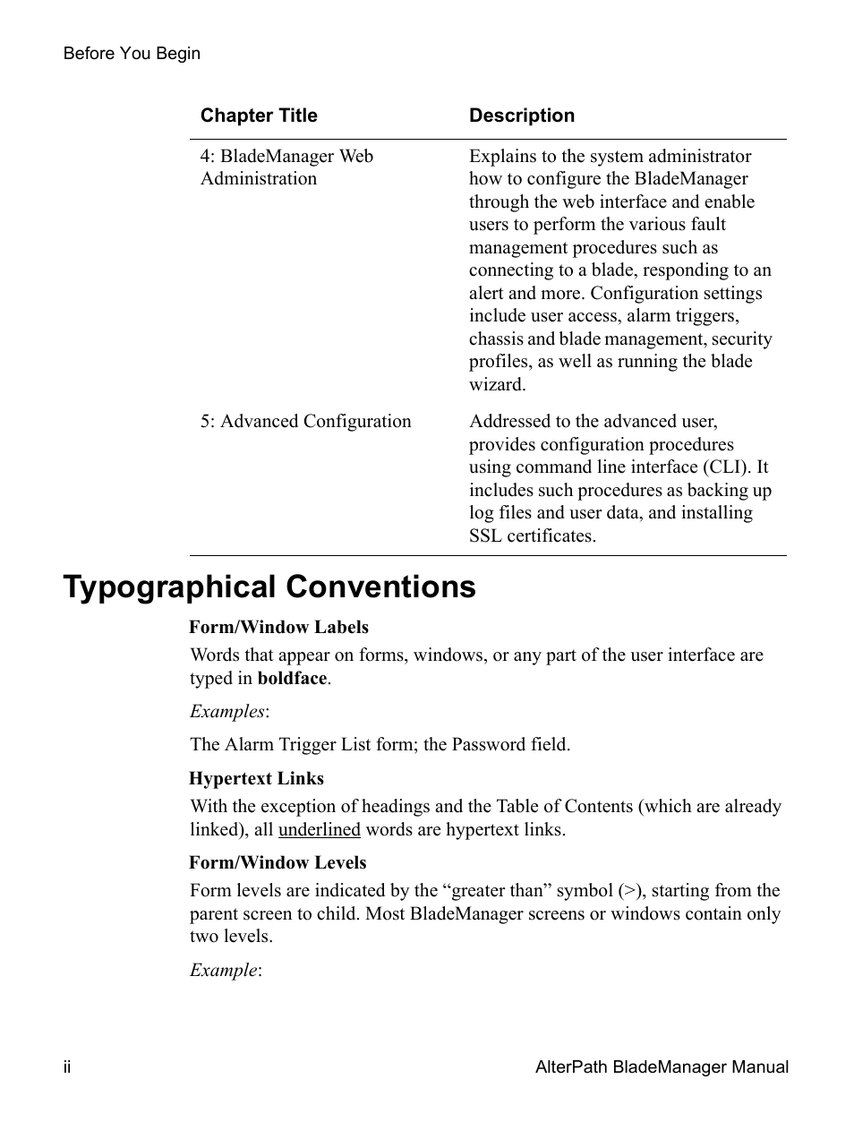 Typographical conventions | Cyclades AlterPath BladeManager User Manual | Page 12 / 202