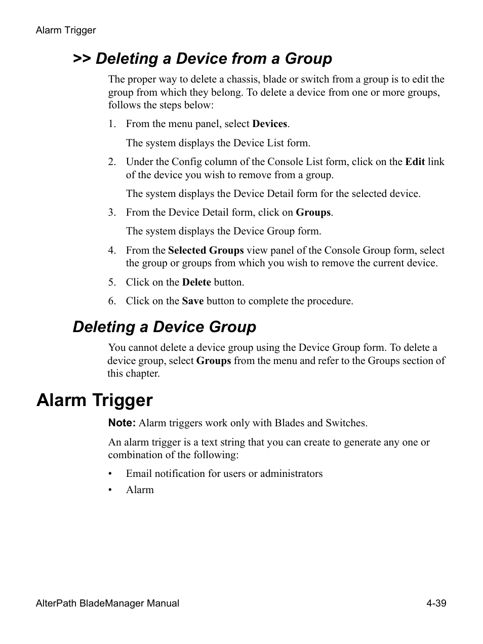 Deleting a device from a group, Deleting a device group, Alarm trigger | Cyclades AlterPath BladeManager User Manual | Page 121 / 202