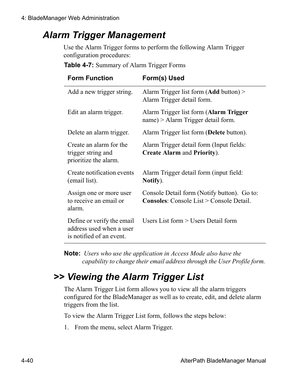 Alarm trigger management, Viewing the alarm trigger list | Cyclades AlterPath BladeManager User Manual | Page 122 / 202