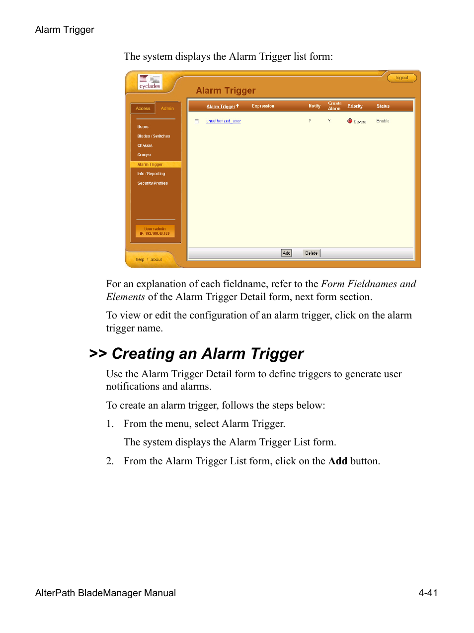 Creating an alarm trigger | Cyclades AlterPath BladeManager User Manual | Page 123 / 202