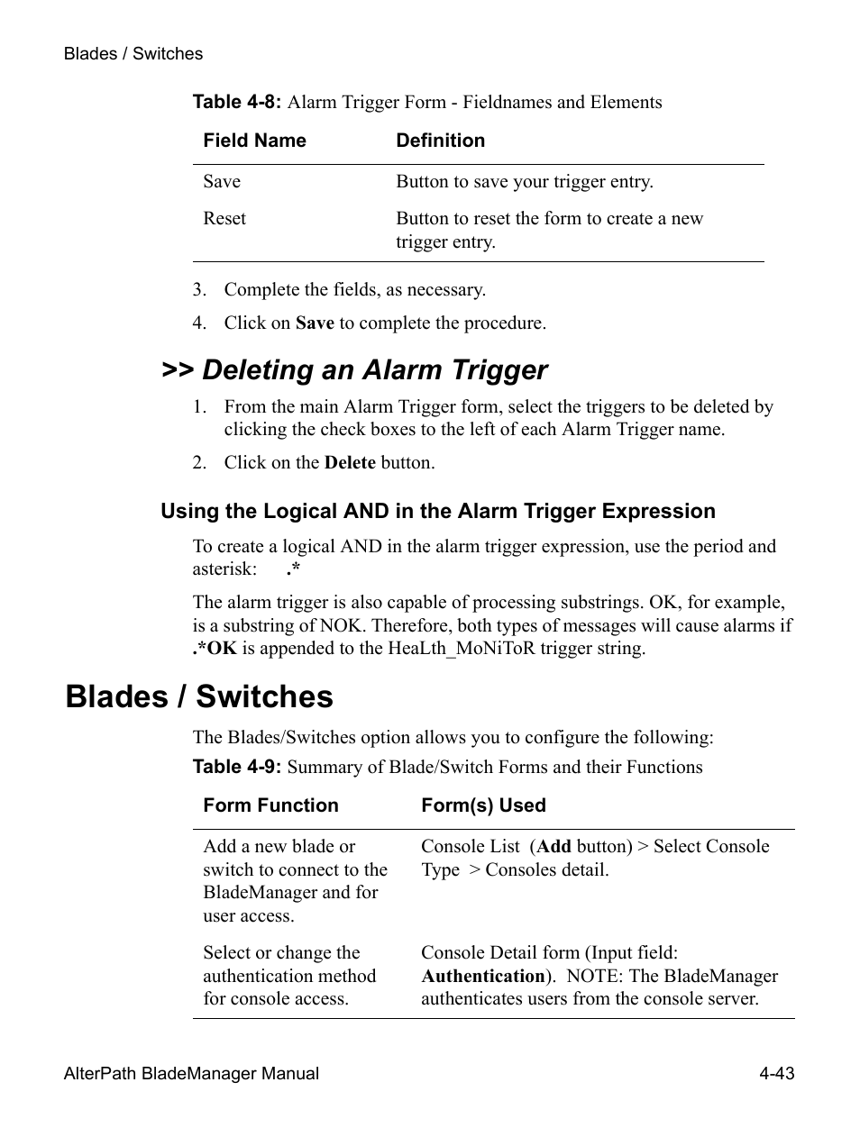 Deleting an alarm trigger, Using the logical and in the, Blades / switches | Cyclades AlterPath BladeManager User Manual | Page 125 / 202