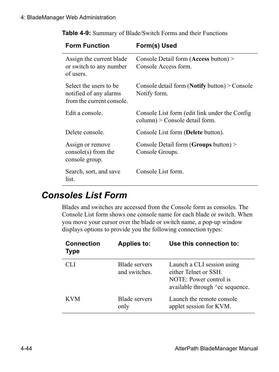 Consoles list form | Cyclades AlterPath BladeManager User Manual | Page 126 / 202