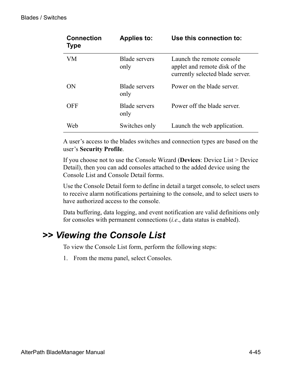 Viewing the console list | Cyclades AlterPath BladeManager User Manual | Page 127 / 202
