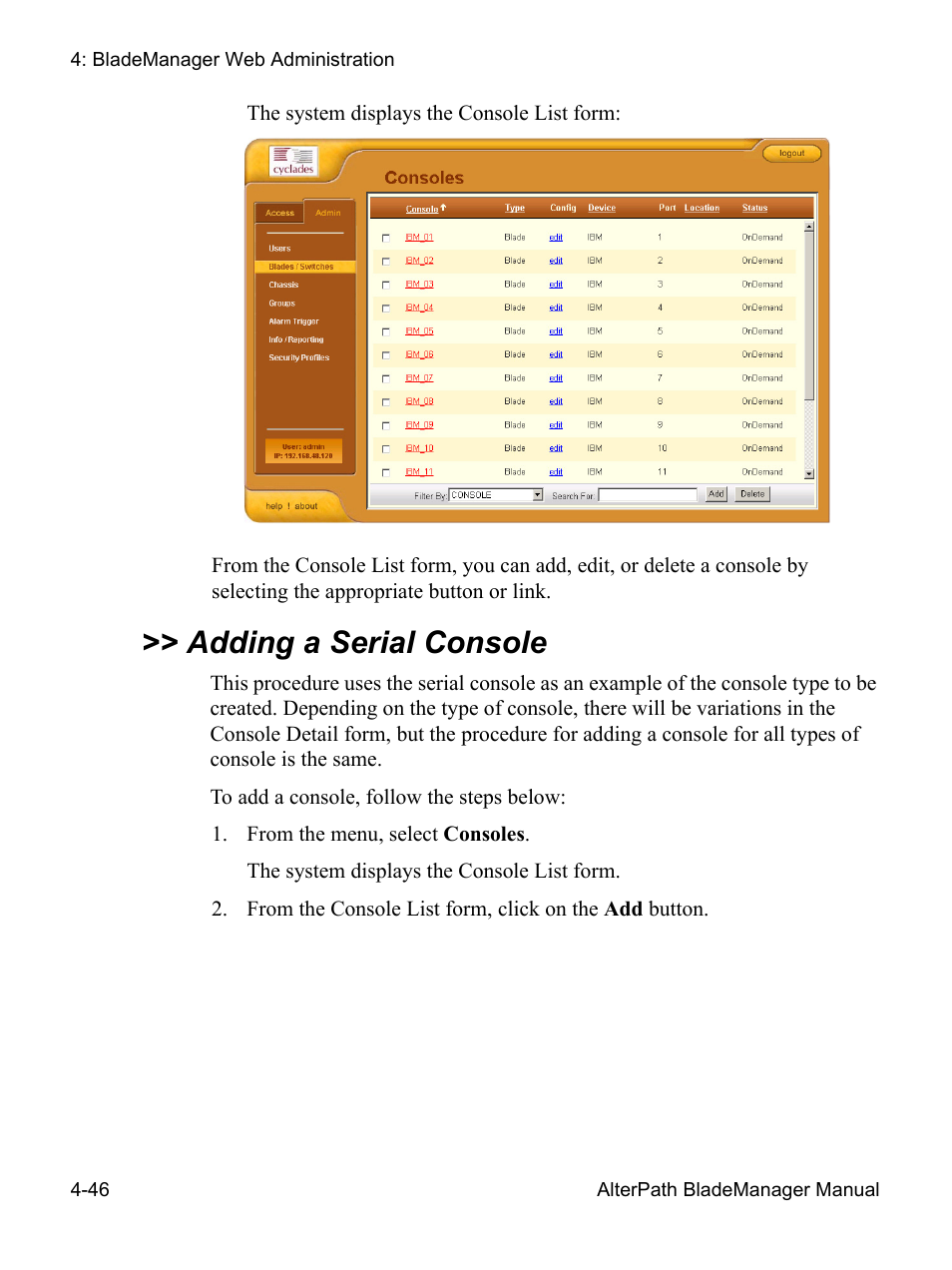 Adding a serial console | Cyclades AlterPath BladeManager User Manual | Page 128 / 202