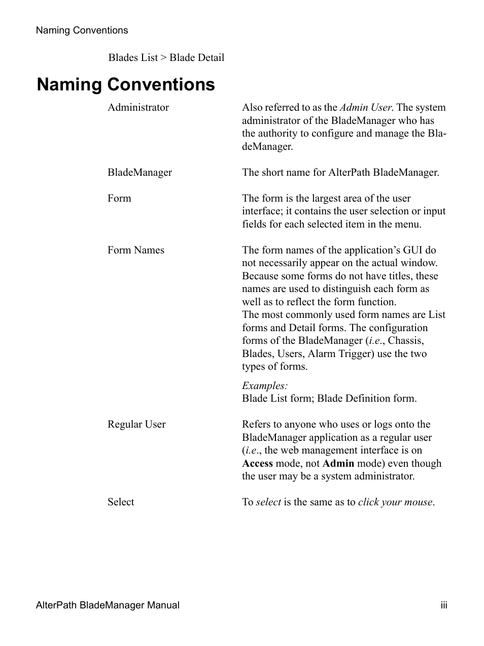 Naming conventions | Cyclades AlterPath BladeManager User Manual | Page 13 / 202