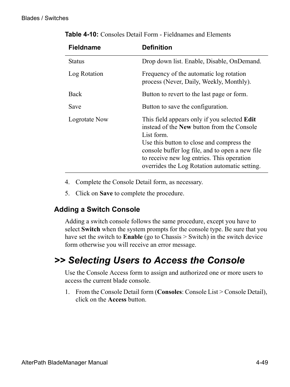 Adding a switch console, Selecting users to access the console | Cyclades AlterPath BladeManager User Manual | Page 131 / 202