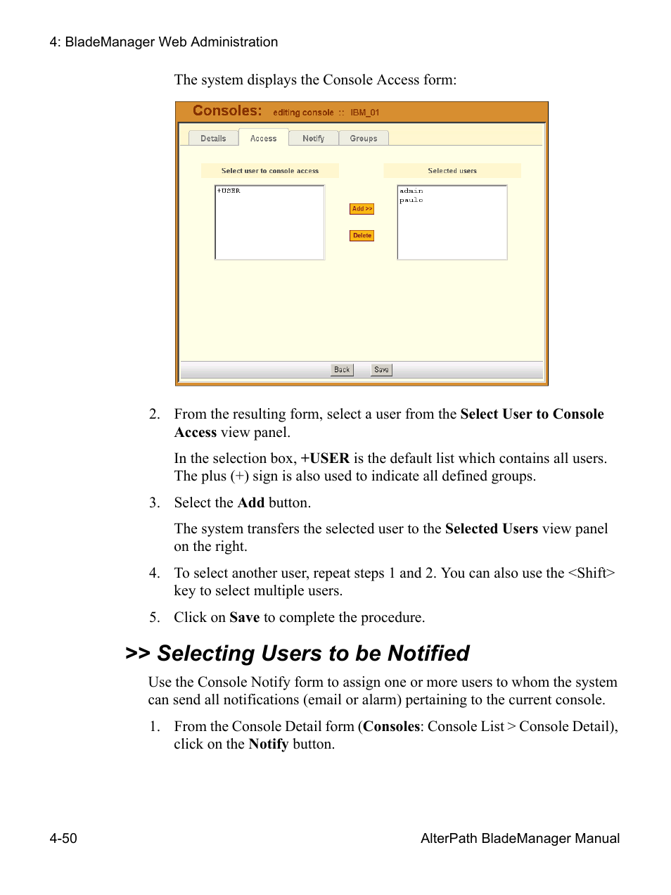 Selecting users to be notified | Cyclades AlterPath BladeManager User Manual | Page 132 / 202