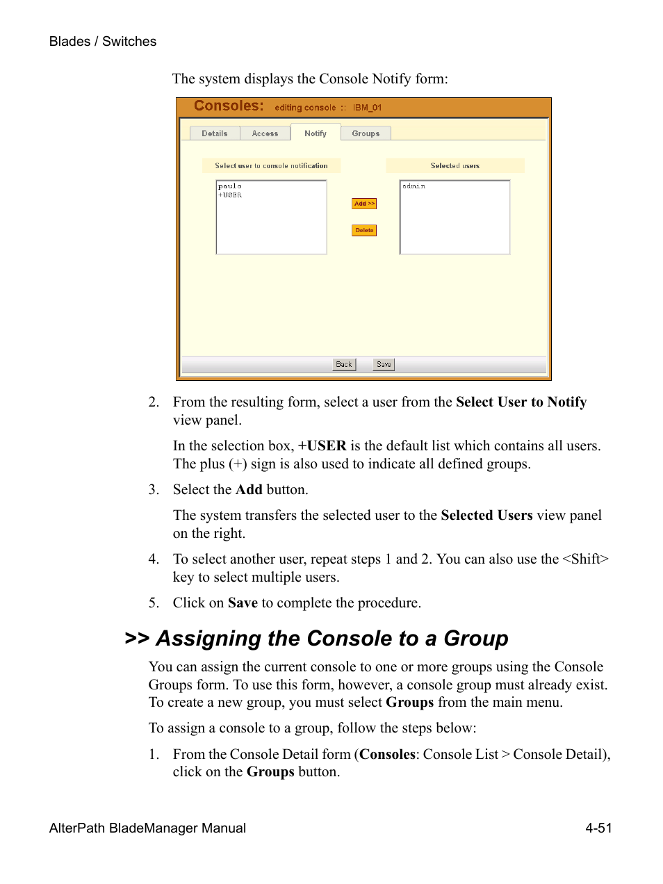 Assigning the console to a group | Cyclades AlterPath BladeManager User Manual | Page 133 / 202