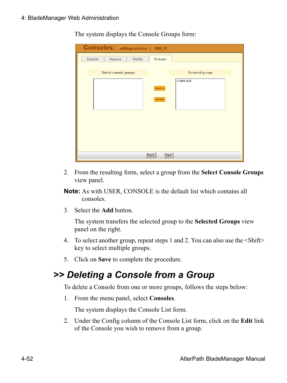 Deleting a console from a group | Cyclades AlterPath BladeManager User Manual | Page 134 / 202