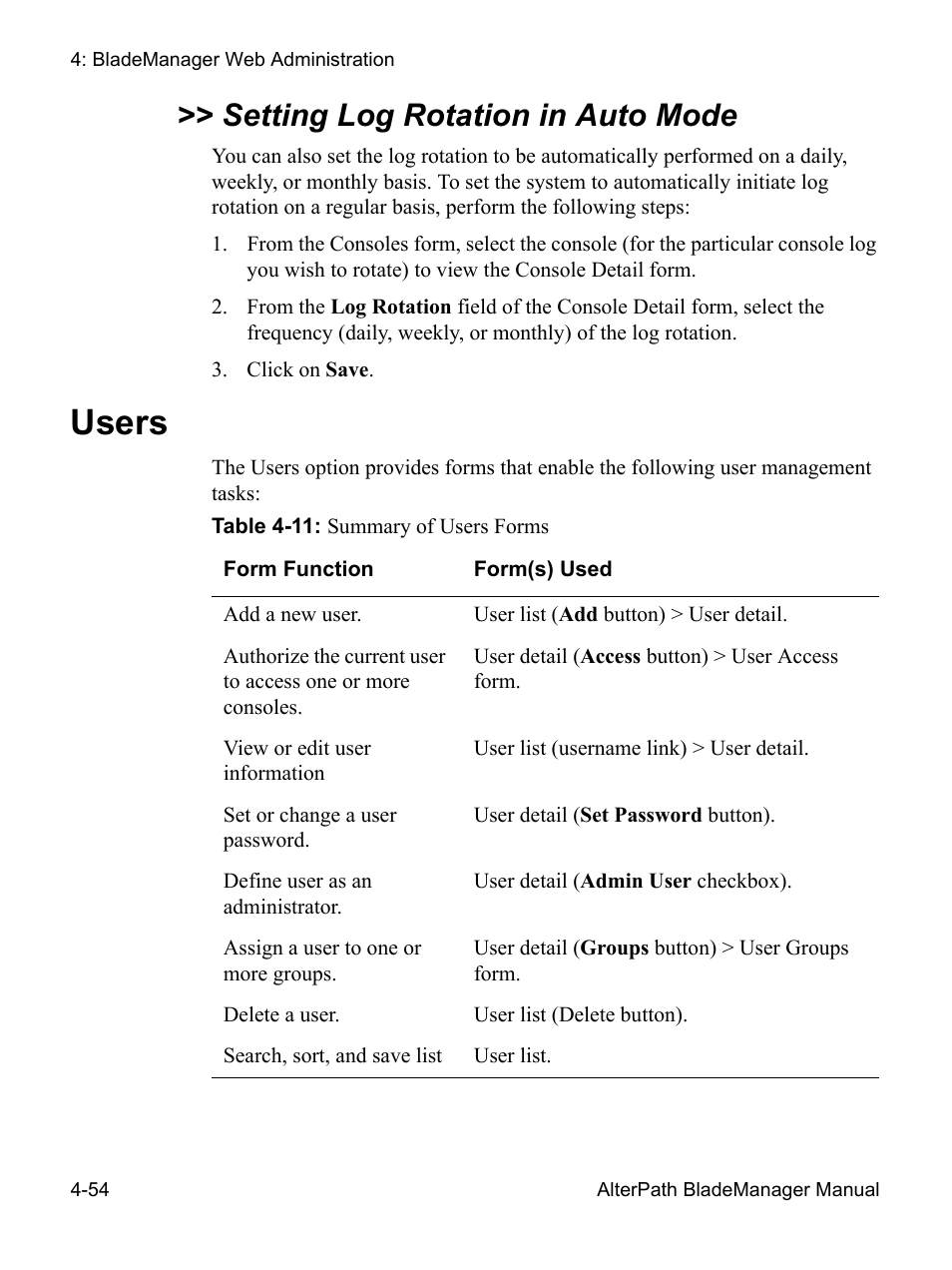 Setting log rotation in auto mode, Users 4-54, Users | Cyclades AlterPath BladeManager User Manual | Page 136 / 202