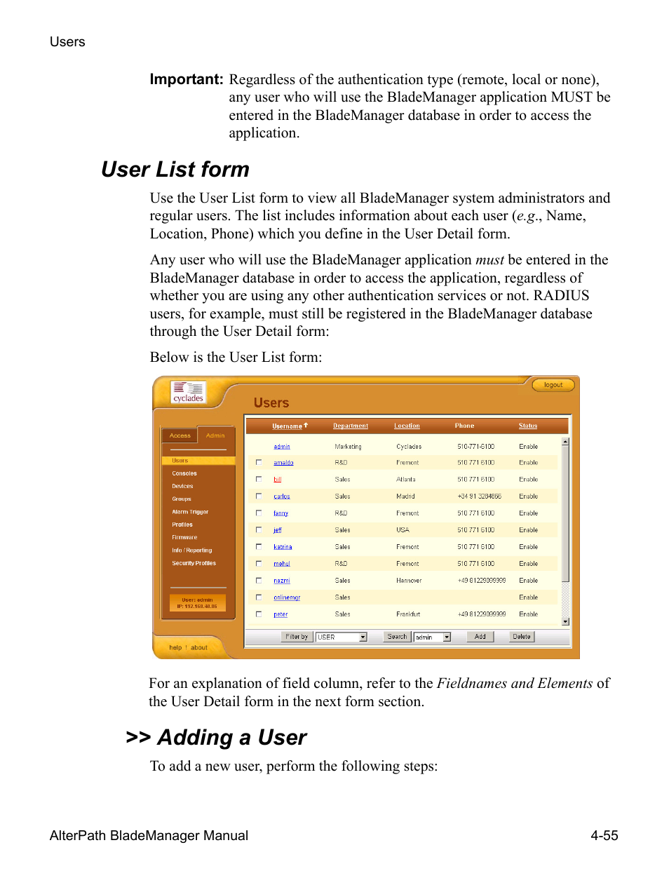 User list form, Adding a user | Cyclades AlterPath BladeManager User Manual | Page 137 / 202
