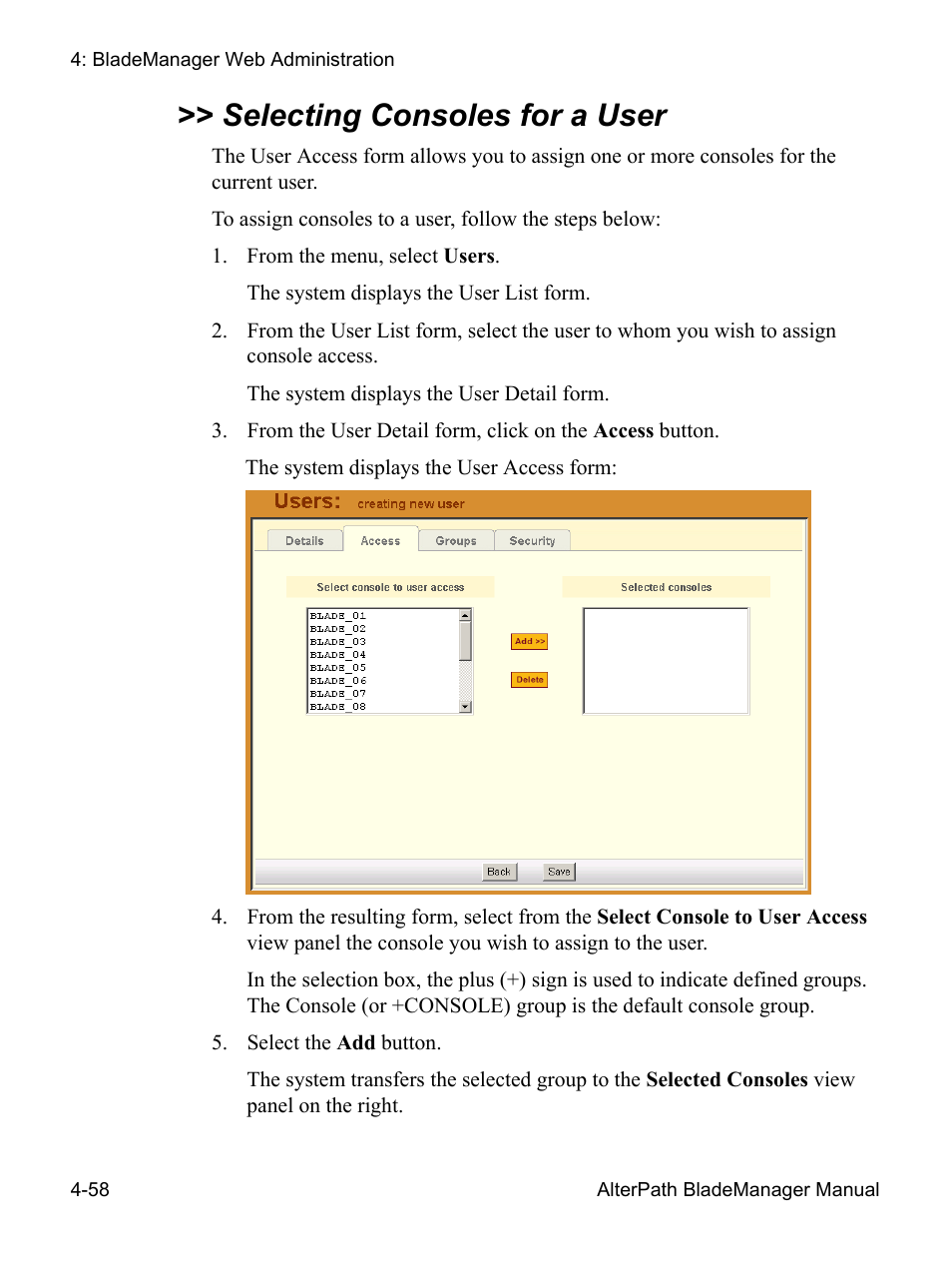 Selecting consoles for a user | Cyclades AlterPath BladeManager User Manual | Page 140 / 202