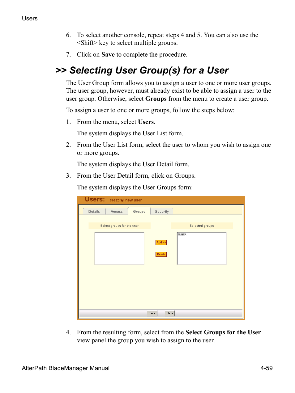 Selecting user group(s) for a user | Cyclades AlterPath BladeManager User Manual | Page 141 / 202