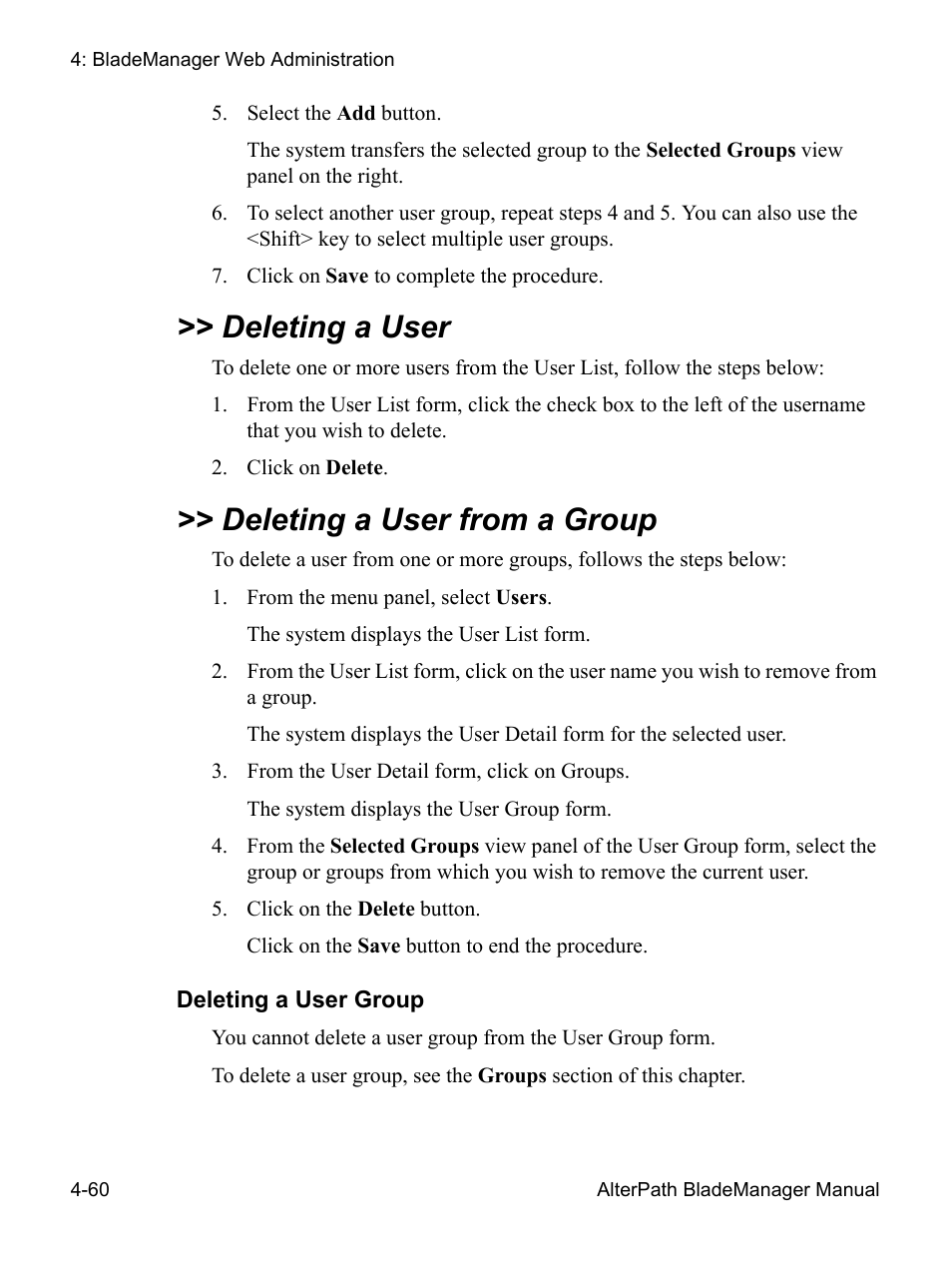 Deleting a user, Deleting a user from a group, Deleting a user group | Cyclades AlterPath BladeManager User Manual | Page 142 / 202
