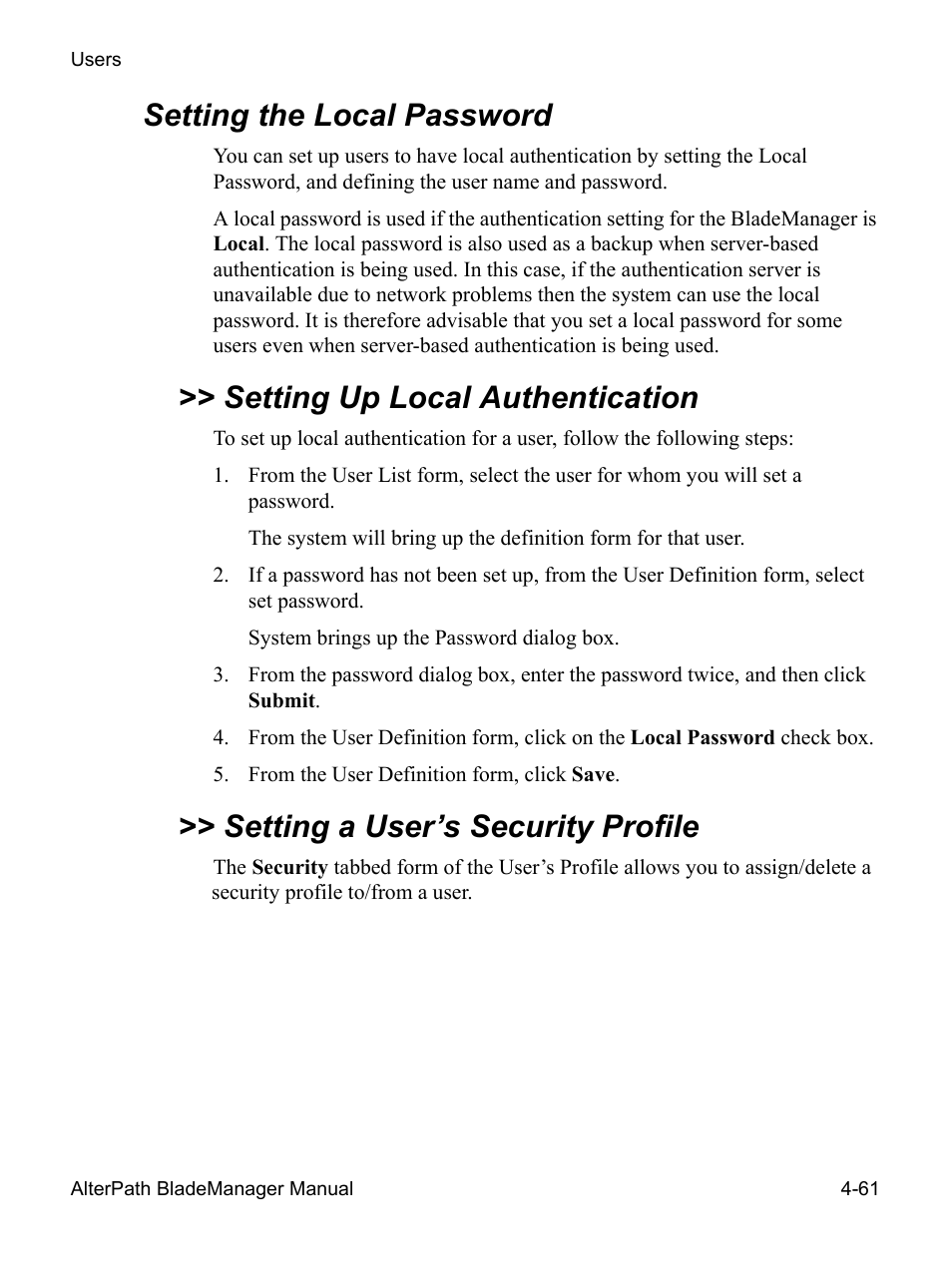 Setting the local password, Setting up local authentication, Setting a user’s security profile | Cyclades AlterPath BladeManager User Manual | Page 143 / 202