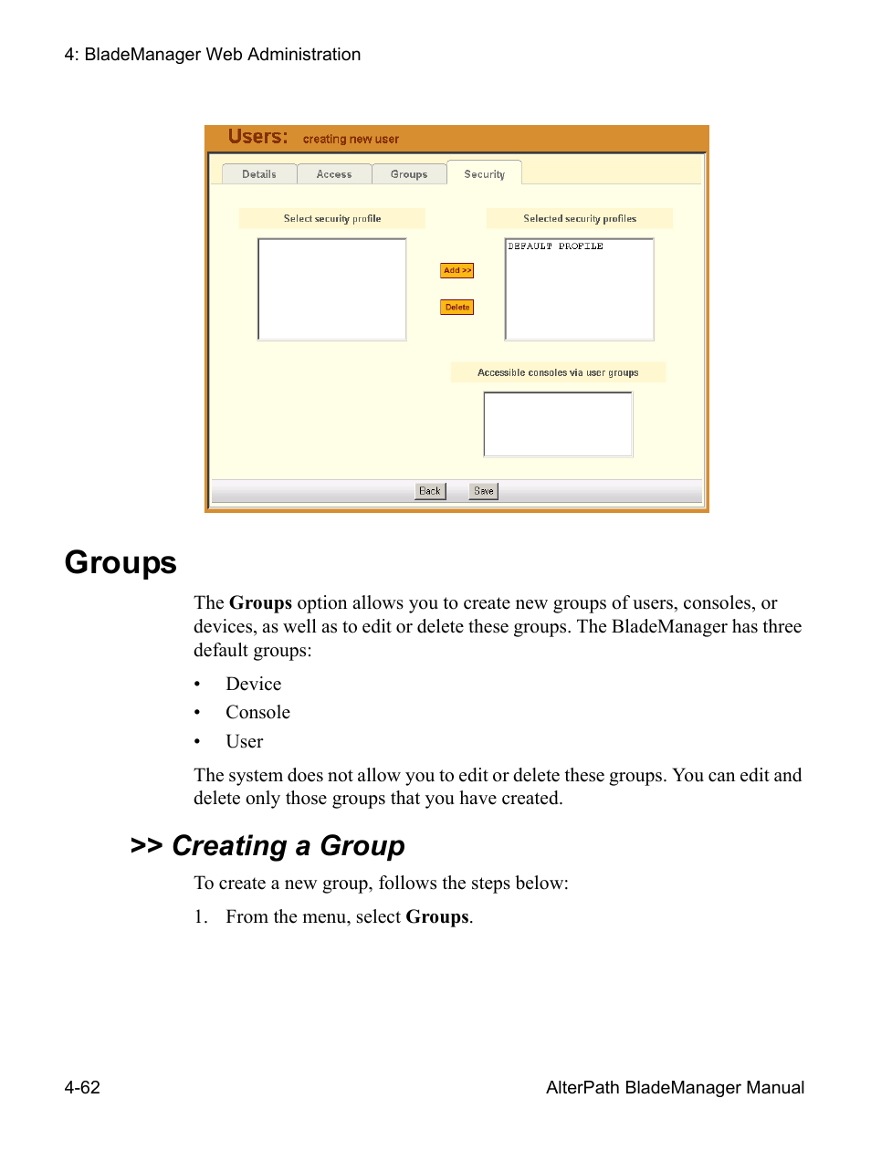 Groups 62, Creating a group, Groups | Cyclades AlterPath BladeManager User Manual | Page 144 / 202