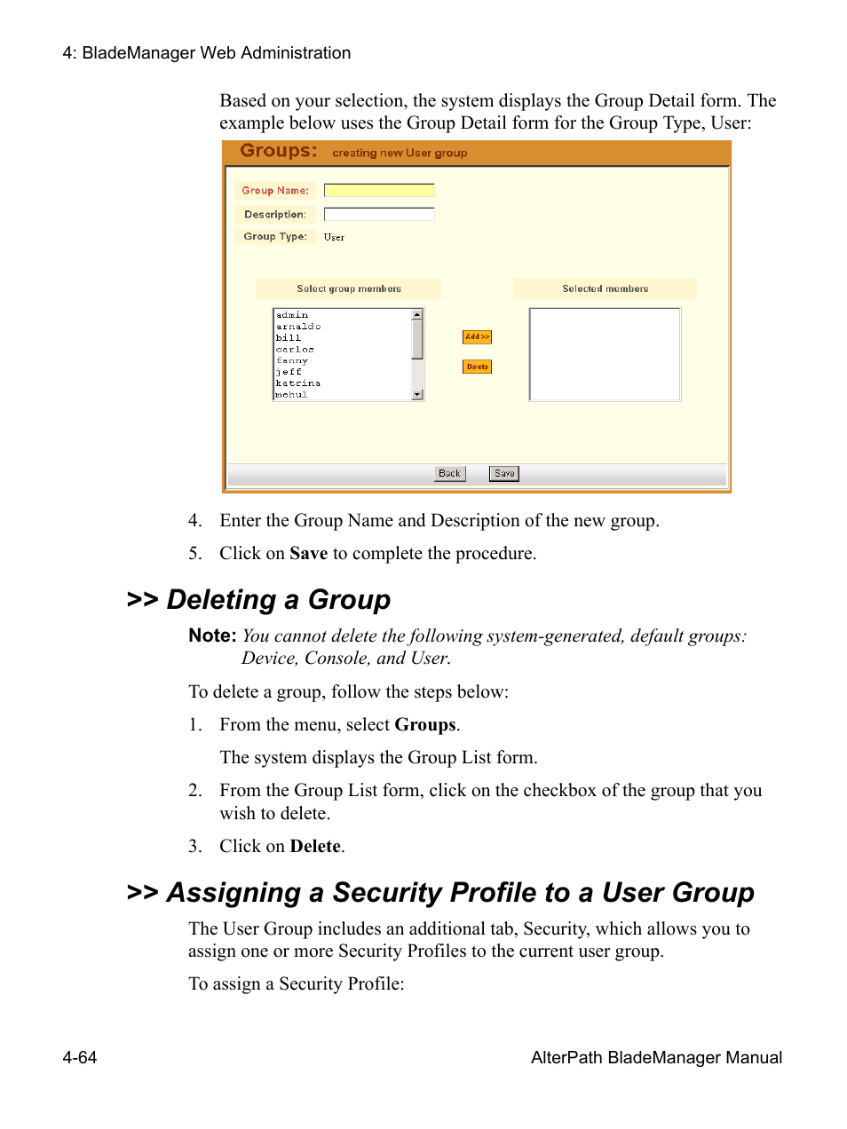 Deleting a group, Assigning a security profile to a user group 4-64, Assigning a security profile to a user group | Cyclades AlterPath BladeManager User Manual | Page 146 / 202