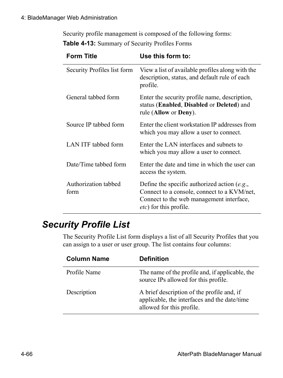 Security profile list | Cyclades AlterPath BladeManager User Manual | Page 148 / 202